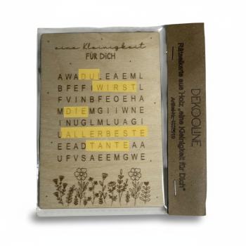 Rätselkarte aus Birkenholz mit Schriftzug „Herzensbotschaft für Dich“ zur Schwangerschaftsverkündung